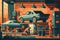 vector style bustling car repair shop with skilled mechanics working on various vehicles using specialized tools and equipment