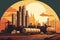 vector style graphic of a busy chemical refinery with a fleet of tanker trucks waiting to transport chemical products