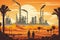 vector style graphic of a chemical refinery plant in the middle of a vast desert with workers braving the scorching heat