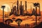 vector style graphic of a chemical refinery plant in the middle of a vast desert with workers braving the scorching heat