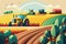 vector style illustration of a busy farm with multiple tractors harvesting different crops under a bright and sunny sky