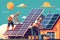 vector style illustration of a detailed rooftop solar panel installation with workers installing the panels on a sunny day