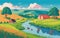 vector styled background illustration depicting a serene and picturesque countryside with rolling hills, quaint