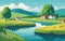 vector styled background illustration depicting a serene and picturesque countryside with rolling hills, quaint