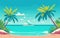 vector-styled background illustration depicting a tropical paradise with palm trees, white sandy beaches, and turquoise