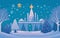 vector-styled background illustration featuring a magical winter wonderland with snow-covered landscapes, sparkling