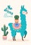 Vector stylish cartoon lama with ornament design and cactus. No drama llama poster.