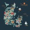 Vector stylized Illustrated map of Denmark. Travel illustration with danish landmarks and animals.