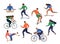 Vector stylized illustration active young people. Healthy lifestyle. Roller skates, running, bicycle, run, walk, yoga. Design elem