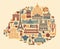 Vector stylized map of Paris with landmarks and symbols of France