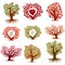 Vector stylized nature symbols with red heart, art fruity trees