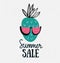 Vector summer background with hand drawn pineapple with watermelon sunglasses and hand written text Summer sale.