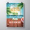 Vector Summer Beach Party Flyer Design with sunglasses on ocean landscape background.