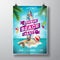 Vector Summer Beach Party Flyer Design with surf board and paradise island