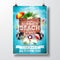 Vector Summer Beach Party Flyer Design with typographic elements on wood texture background. Summer nature floral elements and sun