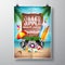 Vector Summer Beach Party Flyer Design with typographic elements on wood texture background. Summer nature floral elements, surf,