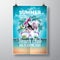 Vector Summer Beach Party Flyer Design with typographic and music elements on ocean landscape background.