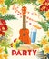 Vector Summer Beach Party Flyer Design with typographic and music elements on ocean landscape background.