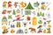 Vector summer camp set. Camping, hiking, fishing equipment collection with cute kids and forest animals. Outdoor nature tourism