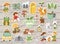 Vector summer camp stickers set. Camping, hiking, fishing equipment patches collection with cute kids and forest animals on wooden