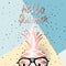 Vector summer card with hiding rose gold pineapple in glasses. Trendy illustration in pastels colors on patchwork background.