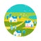 Vector summer colorful illustration, travelling, holidays. Village, houses, trees scape view