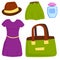 Vector summer girl clothing and accessories isolated shopping items and beautiful cloth.