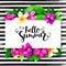 Vector summer hand lettering - hello summer - with tropical flowers - alstroemeria, plumeria, hibiscus and leaves on