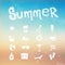 Vector summer icon set on a blurred background beach.