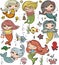 Vector summer illustration set with cute fashion girls mermaids under the sea and funny ocean animals and fishes