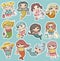 Vector summer illustration set with cute fashion girls mermaids under the sea and funny ocean animals and fishes