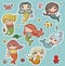 Vector summer illustration set with cute fashion girls mermaids under the sea and funny ocean animals and fishes