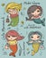 Vector summer illustration set with cute fashion girls mermaids under the sea and funny ocean animals and fishes