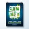 Vector Summer Party Flyer Design with tropical leaves and flower on blue background. Summer nature floral elements