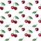 Vector summer pattern with sweet cherries, flowers and leaves. Seamless texture design.