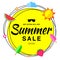 Vector summer sale template banner with scribble circle and flat sun, watermelon, ice cream, strawberry design elements.