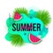 Vector Summer sale trendy banners. Modern backgrounds with liquid fluid elements, watermelons, tropical palm leaves