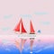 Vector summer sea landscape. Ship with scarlet sails, calm sea a