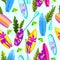 Vector summer seamless pattern with multi-colored surfboards, leaves, paddles, umbrellas on blue background.