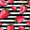 Vector summer seamless pattern. Red strawberries on black and white