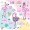 Vector summer set with pink flamingos. Bright stickers collection.