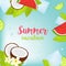 Vector Summer Time Holiday typographic illustration. Tropical plants, palm tree, fruits, flowers. Watermelon, lime