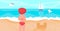 Vector summer time seascape. Young female in swimsuit looking toward the beautiful sea. Cute vector illustration of