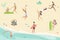 Vector summertime cartoon illustration. People activities on the beach. Friends enjoing time summer vacation.