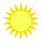 Vector sun illustration, creative yellow icon for warm or hot weather design, bright sunburst