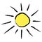 Vector sun illustration, creative yellow icon for warm or hot weather design, bright sunburst, hand drawn