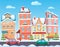 Vector Sunny cute cartoon City street at Winter. Cartoon buildings. Christmas background with urban houses and shops