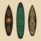 Vector Surf Graphics. Surfboards decorated with geometric tribal, ethnic ornaments.