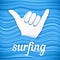 Vector surfers shaka hand with paper sign surfing