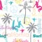 Vector Surfing California Colorful Seamless Pattern Surface Design With Women, Palm Trees, Peace Signs, Surf Boards.